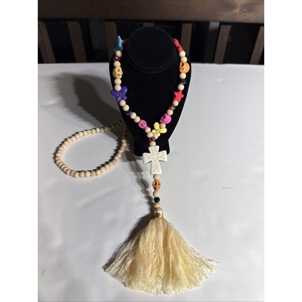 Boho Chic Wooden Bead‎ Necklace, Colorful Asst. Beads, Cross,Tassel COSTUME
